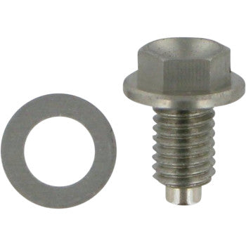 The Yamaha - Suzuki Magnetic Drain Plug Silver by Moose Offroad, featuring an integrated washer, is displayed alongside a separate circular metal washer on a plain white background.