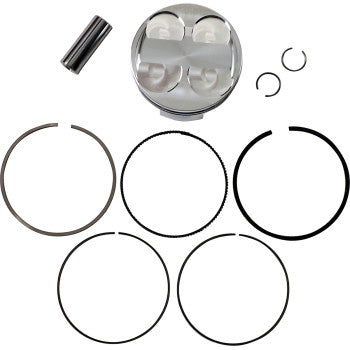 Silver metallic piston with dome top, accompanied by black and silver piston rings, a cylindrical pin, and two small silver.