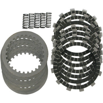 The Clutch Kit by DP Brakes, featuring friction plates, steel drive plates, and springs, is shown arranged on a white background and is commonly used in motorcycle engines.