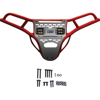 Red metal front bumper skid plate for Polaris RZR XP 1000 with two amber LED lights and included mounting hardware.