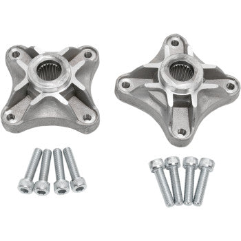 Two Yamaha Wheel Hubs Rear Standard 24 Spline 4 115 by Dura Blue with splined centers are shown above two sets of four hex-head bolts on a white background, highlighting possible spline wear areas.