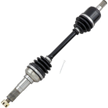 The Yamaha CV Axle Kit Complete OEM Replacement Standard Front Left & Right by Moose Offroad features a black and silver chromoly steel shaft with rubber boots, engineered to transmit power from your vehicle’s transmission to the wheels.