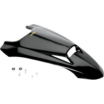 The Yamaha YFZ Scooped Hood Cover Black by Maier is made from high-density polyethylene with a sleek, aerodynamic design. It comes with installation hardware—screws and washers—shown on a white background.