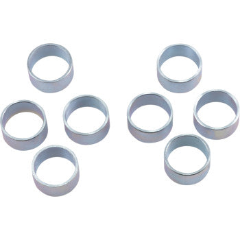 Seven smooth, cylindrical Clutch Roller Weights by Epi, silver and plated for strength, are evenly spaced in two groups on a white background.