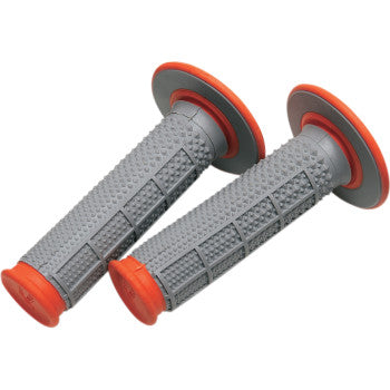 Pair of gray textured motorcycle grips with orange flanges and end caps, tapered design.