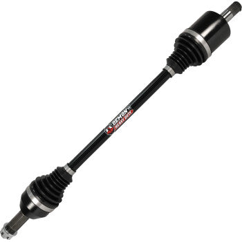 Black heavy-duty front axle shaft with rubber boots and metal connectors on both ends, labeled Demon brand.