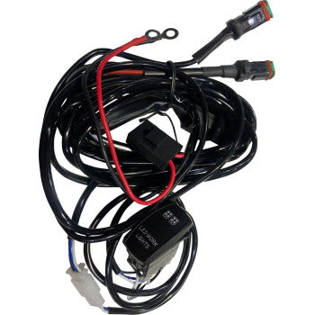 Black rocker switch wiring harness with two output connectors, red and black wires, and plastic clips.