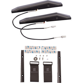 Pair of slim, black LED brake light bars with wiring harnesses, mounting brackets, screws, and adhesive strips.