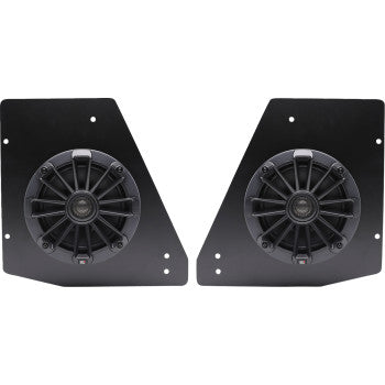 The Can Am Defender Speaker Kit Rear by Mb Quart features two black coaxial speakers on rectangular black metal plates with three mounting holes, shown side by side against a white background.