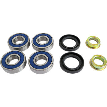 Set of four silver and blue sealed ball bearings, two black rubber seals, and two gold metal spacers for rear suspension.