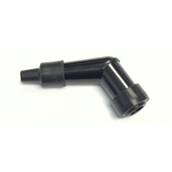 The Spark Plug Cap 14 mm by K&S Technologies is a black plastic resistor cover with a right-angle design, featuring a tapered end and a wider round opening, shown on a white background.