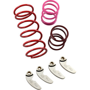 The Kawasaki Mud Clutch Kit by Epi—featuring four metal pieces with holes, two large red springs, two smaller dark red springs, and two small pink springs—is perfect for restoring power loss and boosting low-end performance.