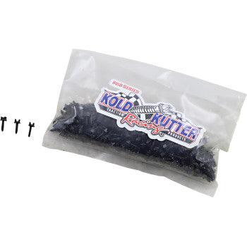 A clear plastic bag labeled "AMA Traction Screws #8 18 x 1/2 250 Pack by Kold Kutter" is filled with small, black metal screws. Three loose, high Rockwell hardness screws are displayed to the left of the bag.