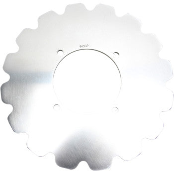 The Polaris UTV Rotor by Ebc is a shiny, metallic disc with a scalloped edge, large center hole, and four evenly spaced smaller holes—ideal as a high-performance heat-treated stainless steel ATV brake rotor.