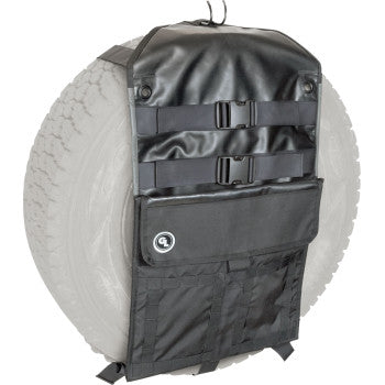 The Overland Sling Bag Black by Giant Loop, with buckles and a flap, attaches securely to your spare tire and features multiple compartments—making it the perfect organizer for overlanding adventures.