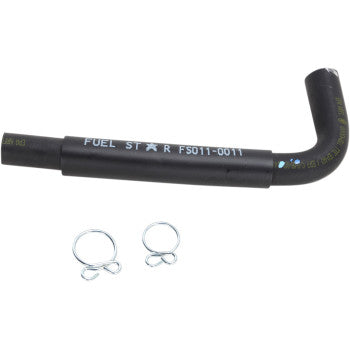 The Honda Hose and Clamp Kit by All Balls features a black, L-shaped OE replacement fuel hose with white printed text, displayed alongside two metal hose clamps on a white background.