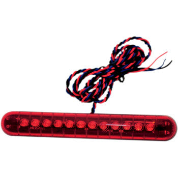 The Dual Intensity LED Light Bar Non Sequential with Flashing Brake Red by Custom Dynamics, designed for 12VDC systems, features a transparent cover and comes with a long, twisted black, red, and blue wire attached.