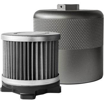 Two metallic oil filters are shown: one is the HyperFlow Lifetime Oil Filter - 3/4 - 16 Thread by Jagg Oil Coolers, featuring a reusable stainless-steel, textured surface and solid top; the other has pleated filter material and a metal base frame.