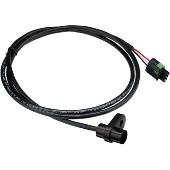 The Polaris Speed Sensor by Quad Logic features a machined aluminum housing, black cable, cylindrical sensor on one end, and a plastic connector with exposed red, black, and green wires at the other end.