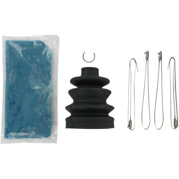 The Arctic Cat CV Boot Kit Front & Rear Outboard by Epi includes a black rubber boot, three metal clamps, a retaining ring, and molybdenum disulfide grease for your CV joint, all displayed on a white background.