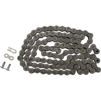 The 520 HDR Competition Chain Steel 104 Links by JT Chains is displayed in a loose zigzag on a white background, with its connecting master link and two metal pins positioned nearby.