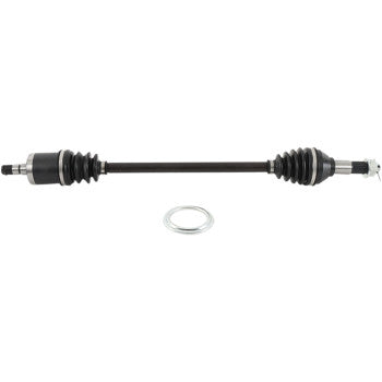 Black metal front left axle shaft with rubber boots and a circular metal retaining ring for offroad Can Am Maverick vehicles.