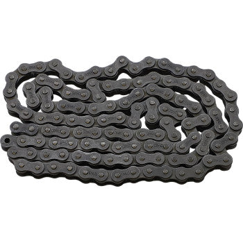 The 420 Standard Non Sealed Chain by Ek, featuring 120 interlocking links and a visible master link, is shown coiled flat on a white background.
