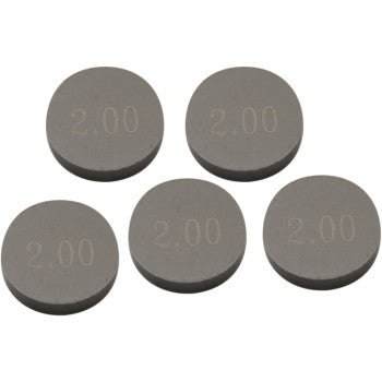 Five precision machined, round gray metal discs—Valve Shim 9.48 mm x 2.00 mm 5 pack by Prox—are engraved with "2.00" on each surface and arranged in a loose group.