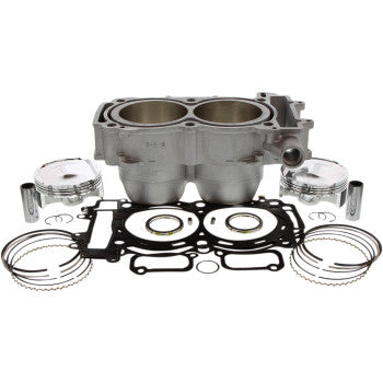 Silver dual-cylinder engine block with two pistons, piston rings, gaskets, and pins arranged below on a white background.