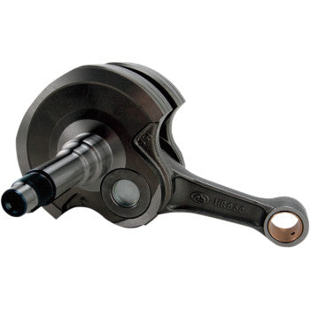 The Hot Rods Kawasaki - Suzuki - Arctic Cat Stroker Crankshaft Assembly features a CNC machined crankshaft with precision finish, integrated connecting rod, and visible bearing surfaces—ideal for internal combustion engine replacement.