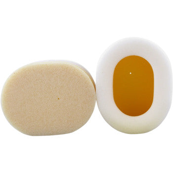 The Suzuki Foam Air Filter by No Toil is shown: one filter stands upright, revealing its orange core with a white exterior, while the other lies flat to display its beige base—both featuring a foam filter design.