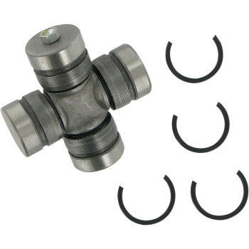 The Polaris ATV Universal Joint by Epi features four metal arms and includes four black retaining clips arranged in a semicircle, all shown on a white background. Ideal for OEM replacements, it also comes with grease zerks for easy maintenance.