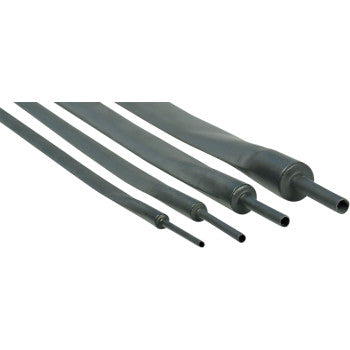 Four black DEI Heat Shrink Tubes (9, 12, 18, 24 mm) are shown side by side, each partially shrunk to highlight size differences and demonstrate their effectiveness for electrical insulation.