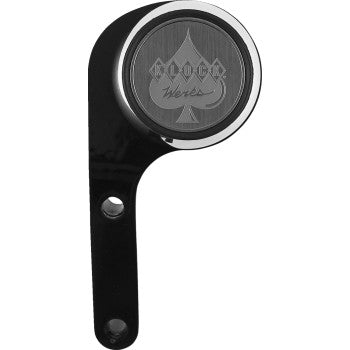 The Switch Mount - iOmount™ - Black by Klock Werks is a black metal bracket with two holes, a circular spade emblem, and engraved text, designed for seamless magnetic device holding with the iOmounts system.