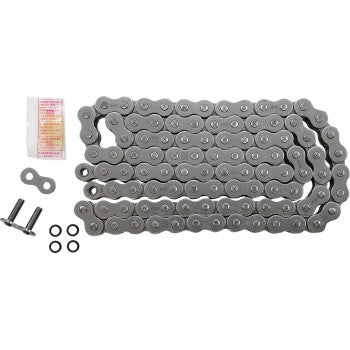A Did X3 530 V Drive Chain 100 Links Natural is shown with a packet of lubricant, connecting link, two bolts, and four black X-Ring O-rings on a white background.