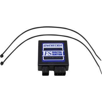 A black Yamaha Non Programmable Ignition System by Dynatek with two connectors at the bottom, shown with two black zip ties for installation—offers reliable ignition performance.