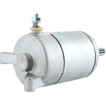 The Starter Motor by Parts Unlimited is a metallic cylindrical unit with copper bushings, a mounting bracket, a bolt at one end, and a gear at the other, displayed against a white background.