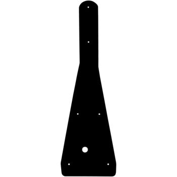 The Skid Plate Black by Maier features a flat, elongated design with multiple holes of various sizes, ideal for mounting Maier bodywork or HDPE panels. Its shape widens toward the bottom and has rounded edges at both ends.
