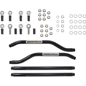 A set of black metal Radius Rod Complete by Moose Offroad, with heim joints, rod ends, nuts, bolts, washers, and spacers—all neatly arranged on a white background.