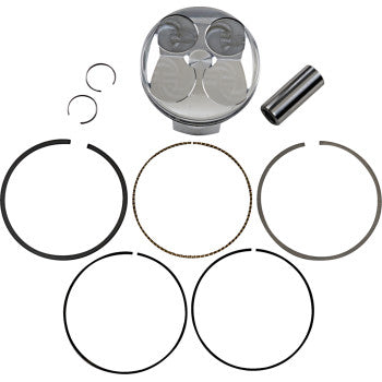 Silver metal piston with two valve reliefs, chrome wrist pin, two circlips, and a set of black and silver piston rings.
