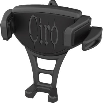 The Phone Holder Constrictor Black No Mount by Ciro features a black finish, embossed Ciro logo, adjustable side grips, and a secure constrictor design for easy phone adjustment.