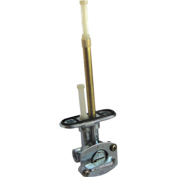 The Polaris Fuel Valve On Off by Quad Logic is a metal OEM replacement for motorcycles with ON, OFF, and RES positions, a handy lever, and two upward-extending plastic filter tubes.