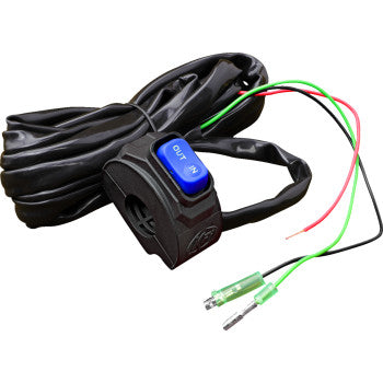 The Clam Style Rocker Switch Handlebar Mounted by Kfi Products is a black electronic ATV winch contactor with a blue OUT button, exposed green and red wires, and a long 10' black cable.