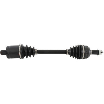 The Polaris RZR 900 Axle Kit Complete 8 Ball Extreme Duty Rear Left & Right by All Balls, featuring a black chromoly shaft with rubber boots and metal fittings on both ends, is shown horizontally against a white background.
