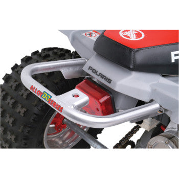 Close-up of the rear section of a Polaris off-road vehicle featuring a DG Performance Polaris Predator Grab Bar, red taillight, knobby tire, partial seat, Allin Deries and Polaris text, plus a whip antenna mount on the grab bar.