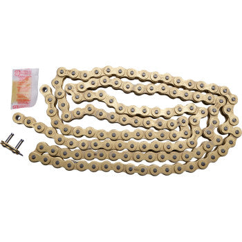 The RK 420 MXZ Heavy Duty Drive Chain (132 Links) in gold chromoly steel is shown flat, with a small lube packet and a connecting link featuring two pins and seamless rollers for smooth performance.