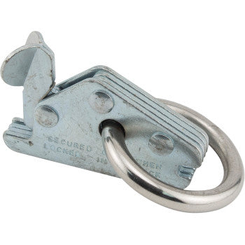 The E Track Tie Off Ring by Erickson features a round, silver metal ring with a finger tab release. Its hinged design and flat base with visible fasteners provide secure attachment to doors, gates, or containers.