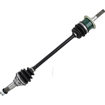 Black and silver metal CV axle shaft with rubber boots and green mounting collar for ATV front right side.