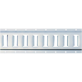 The 1 Slot E Track 4 6000lb by Erickson is a metal rail with a zinc-plated finish, featuring evenly spaced I-shaped anchor points and edge holes, designed for securing cargo in trucks or trailers.