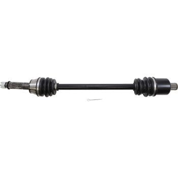 Black metal CV axle shaft with rubber accordion boots on both ends and splined connectors for Polaris Ranger 900 and 1000.